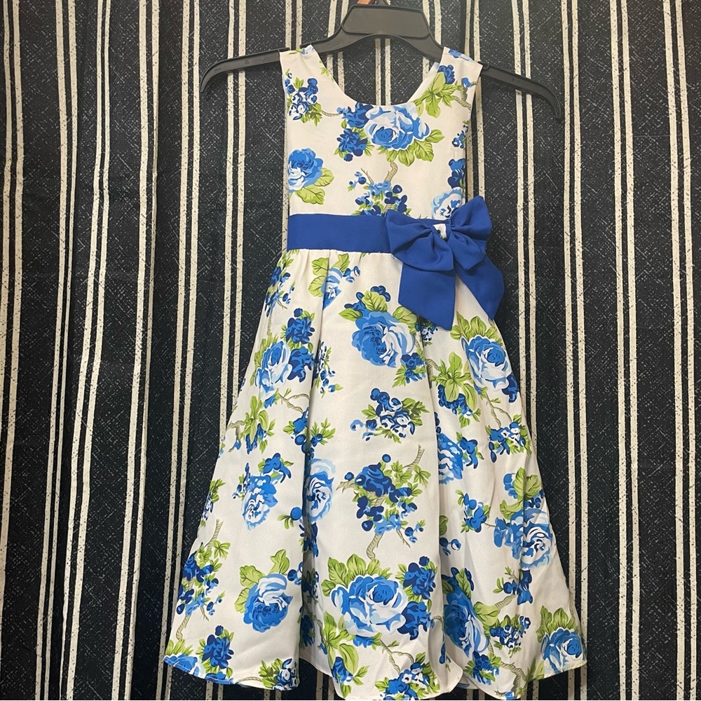 Charming Blue Floral Kids Dress with Bow